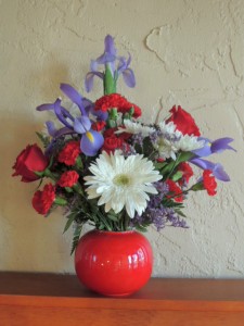 Red, white and blue flower arrangement